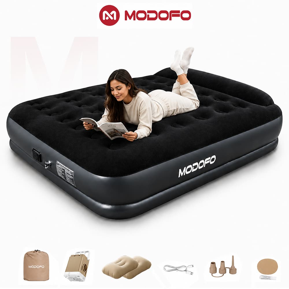 MODOFO Colchão Inflável Queen/King Com Bomba Elétrica Material em PVC Ideal para Casa e Camping
