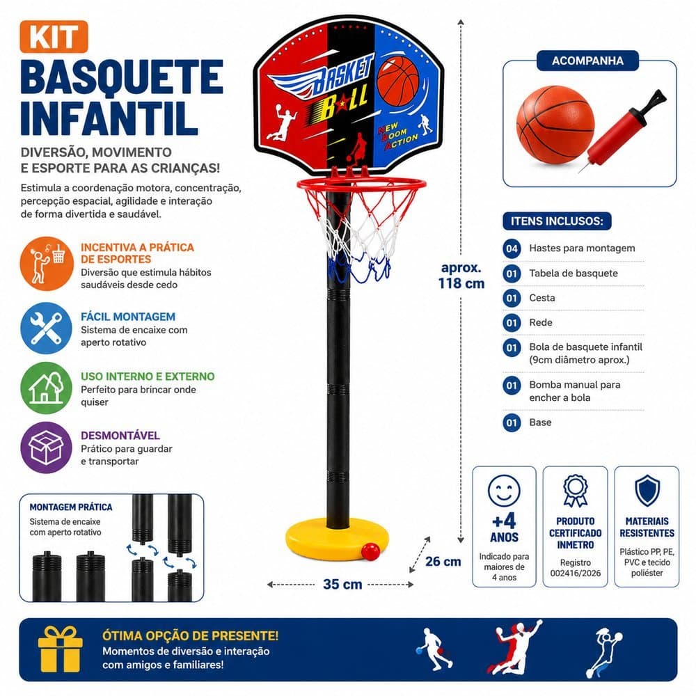 Kit Basquete Infantil Completo 118cm com Bola Bomba Cesta Rede Brinquedo Esportivo INMETRO