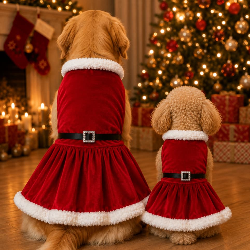 Vestido Natalino Pet Mamãe Noel para Cachorro Pequeno Grande com Pelúcia Cinto Roupa de Natal Cães