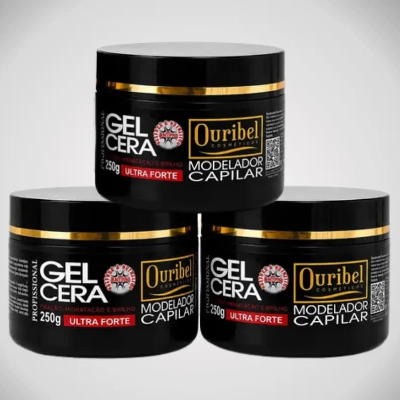 Kit 3 Gel Cera Capilar Ouribel Cosméticos 250g Fixação Ultra Forte Modelador com Brilho profissional