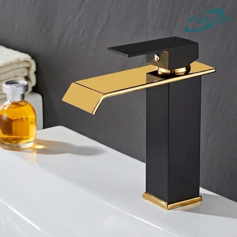YESOP Torneira Preto Dourado Banheiro Cascata Quadrado Misturador Monocomando Luxo 18cm Para Lavabo