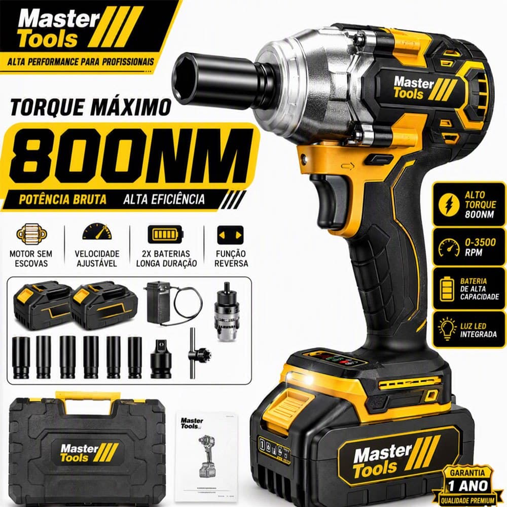Chave de Impacto 48V 800Nm Alta Potência com 2 Baterias, Adaptador para Brocas e Maleta Plástica Completa Profissional