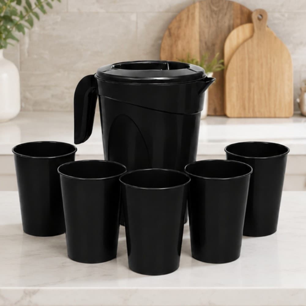 Kit Jarra de Água e Suco Com 5 Copos 400ml Plástico Colorido Preto