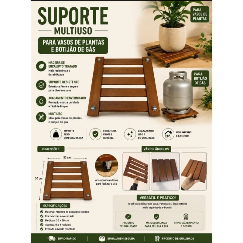Suporte para Botijão de Gás e Vaso de Plantas com Rodinhas Madeira 30x30cm