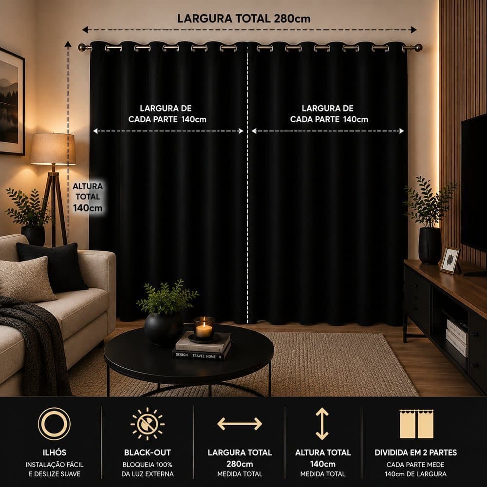 Cortina Blackout Ilhós 280x250 Preto Vedação Total Escuridão Plena Privacidade Elegante Indevassável