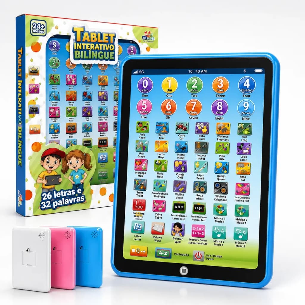 Tablet Infantil Educativo Interativo Bilingue Aprende Português e Inglês Números Letras Alfabeto