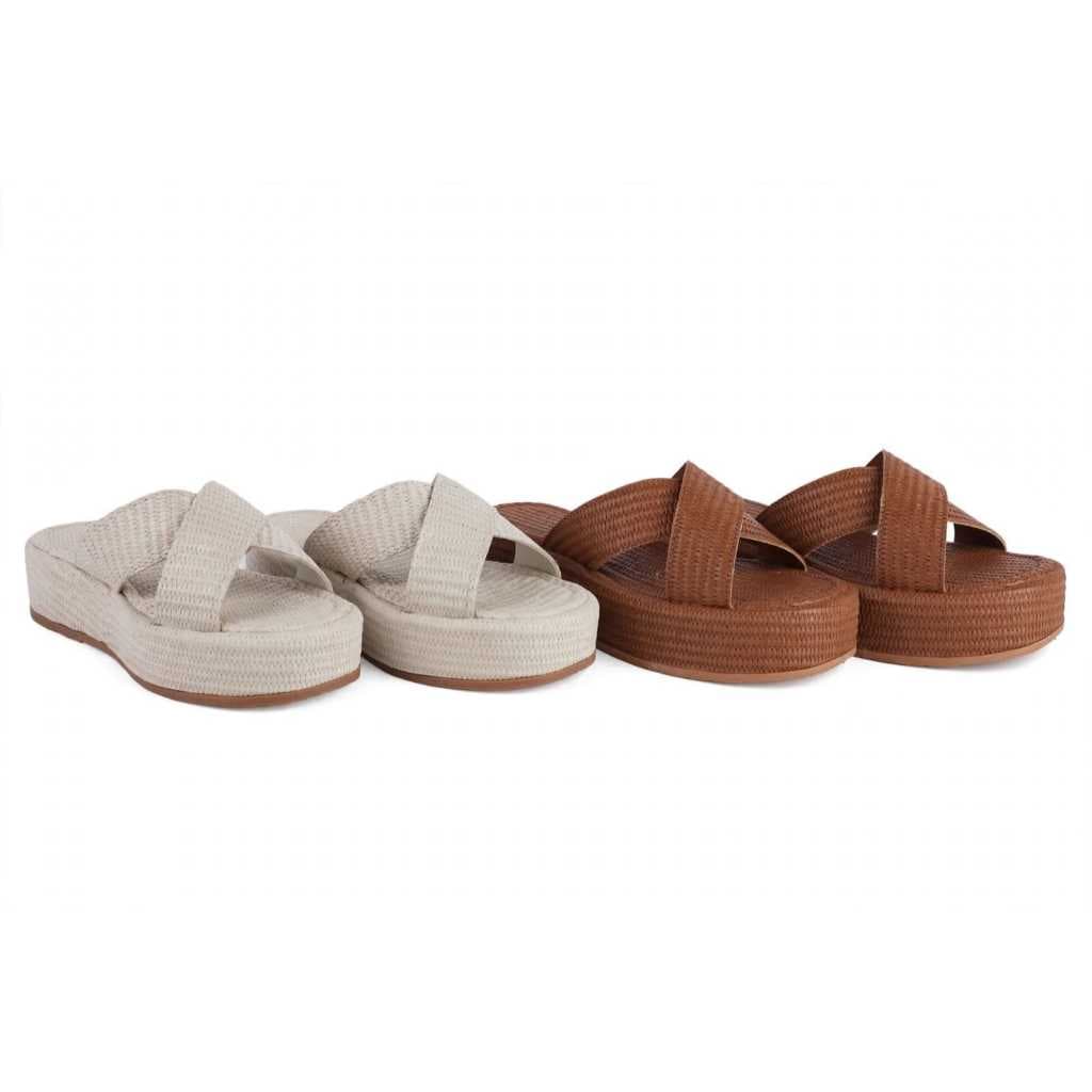 Papete Plataforma Feminina Trançada - Chinelo Slide Tiras Cruzadas Palha