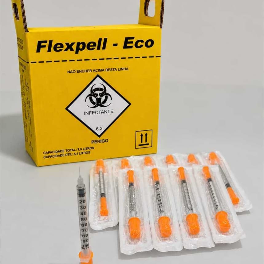 Seringa de Insulina com agulha fixa 1 ML (PACOTE COM 10 UNID) + Caixa de Descarte de Infecto Cortante 3 LTS