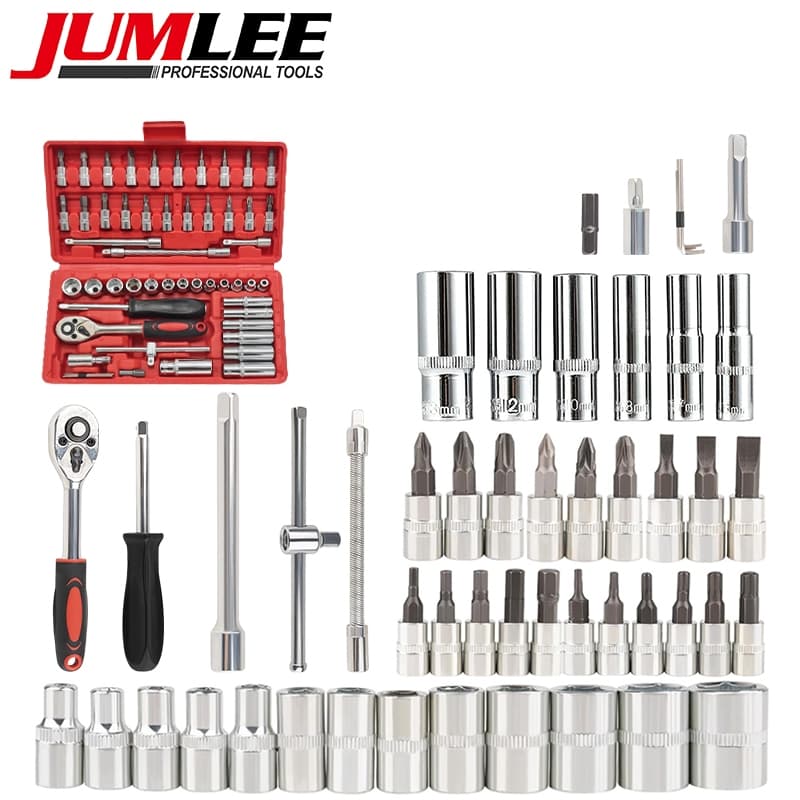 Kit Ferramentas 53 Peças Chave Soquete Reversível 1/4" Jumlee AL‑098 Aço Cromo‑Vanádio Estojo Vermelho Mecânica