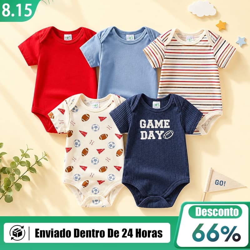 Body Bebê Masculino Kit 5 Peças Esportivo Manga Curta Confortável e Colorido