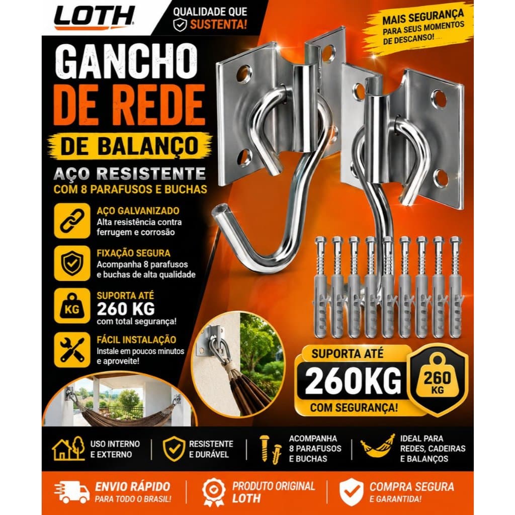 Gancho De Rede De Balanço Aço Com 8 Parafusos e Buchas peso máximo de 260 kg - Loth