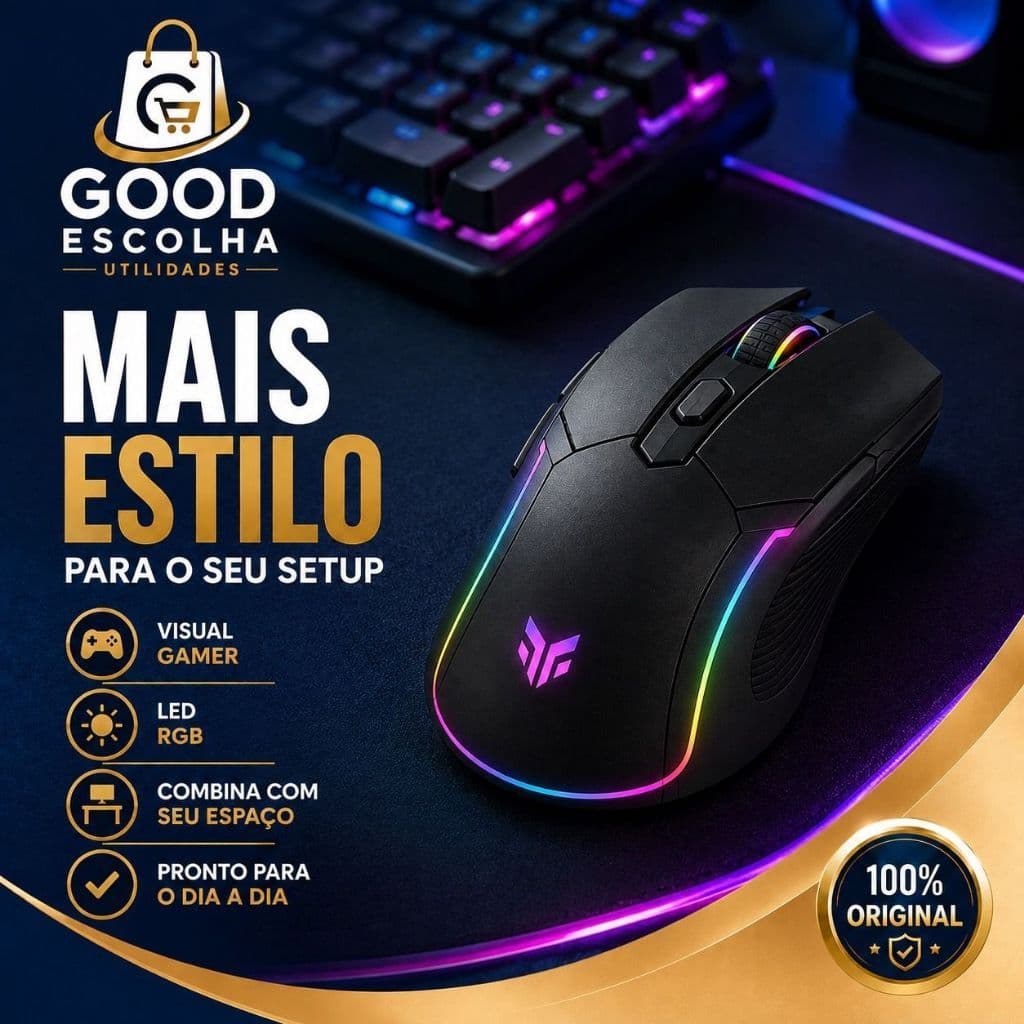 Mouse Gamer Sem Fio 2.4GHz com RGB Receptor USB 1600 DPI Ergonômico para PC Notebook