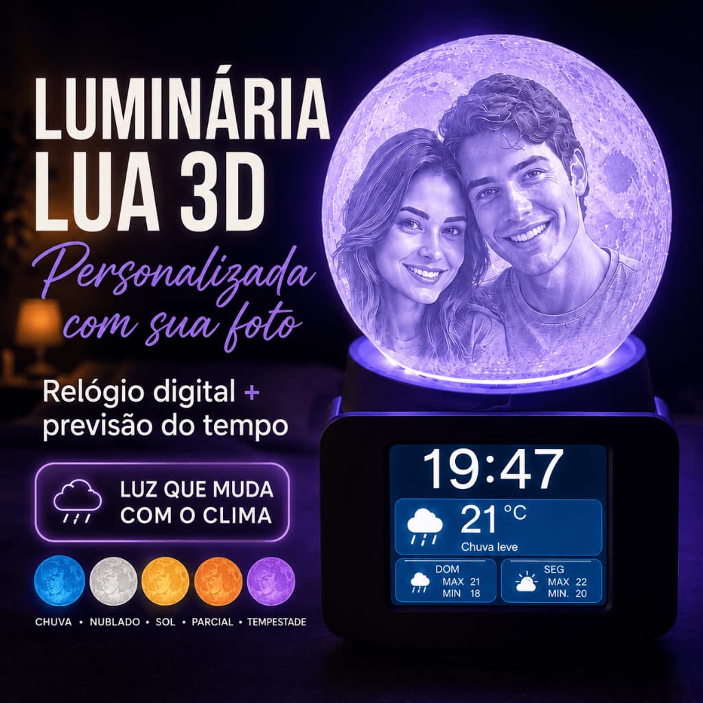 Luminária Lua 3D com Foto 15cm | Abajur LED com Relógio Wi‑Fi e Clima | Presente Personalizado