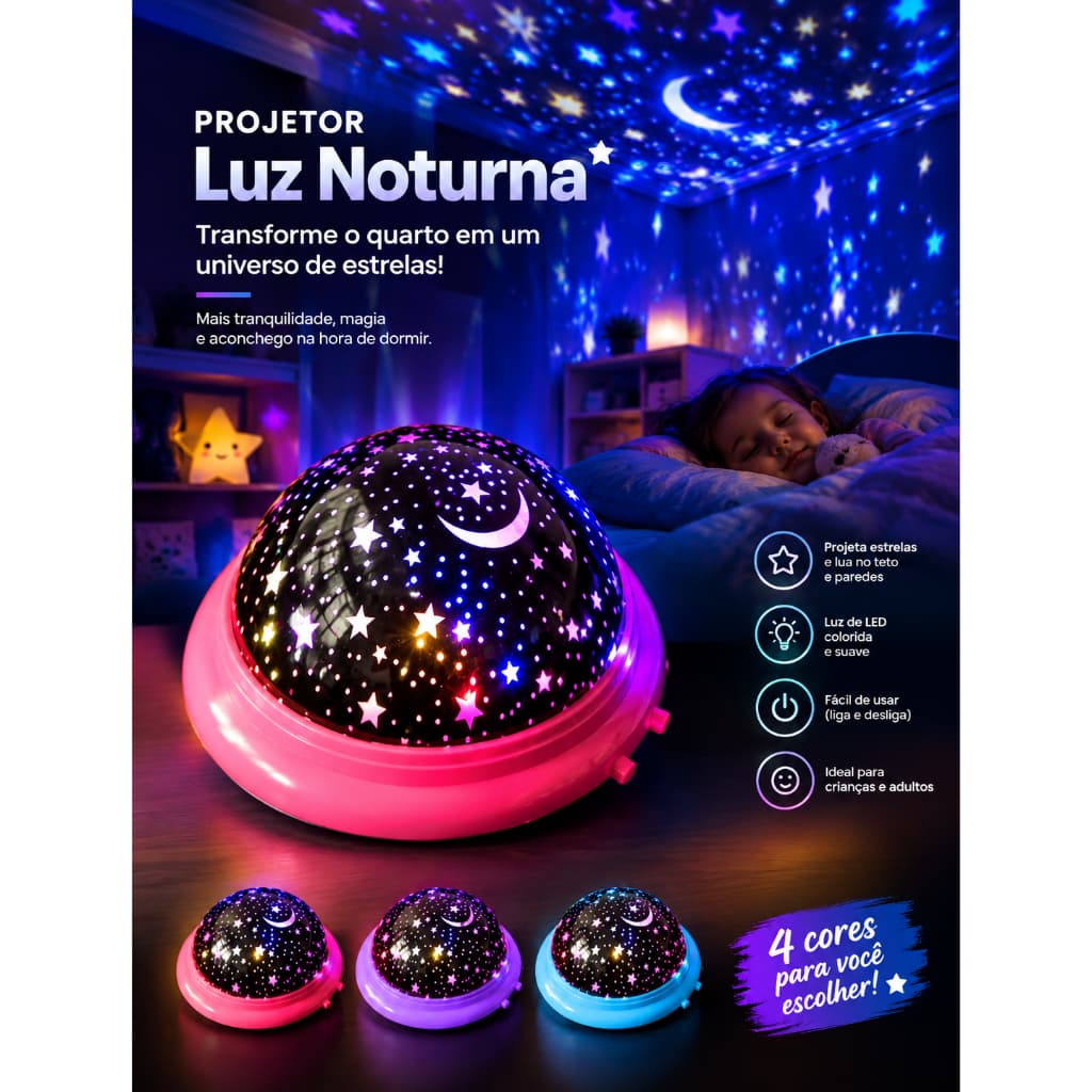 Luminária Infantil Abajur Projetor Lua E Estrelas Teto Bebê Cor Da Estrutura Rosa