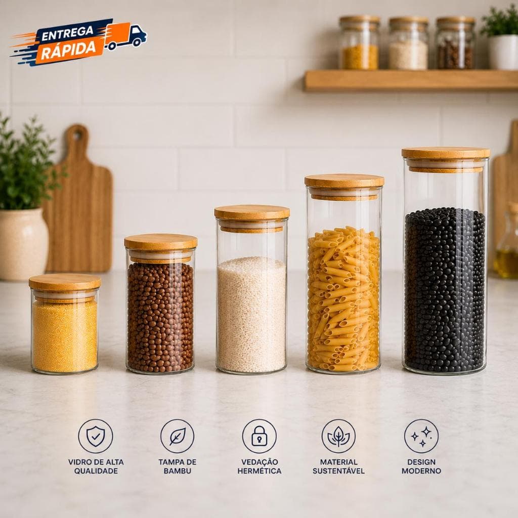 Kit 2 Potes Vidro Herméticos com Tampa de Bambu 500ml a 1500ml para Organização Resistentes e Práticos para Mantimentos