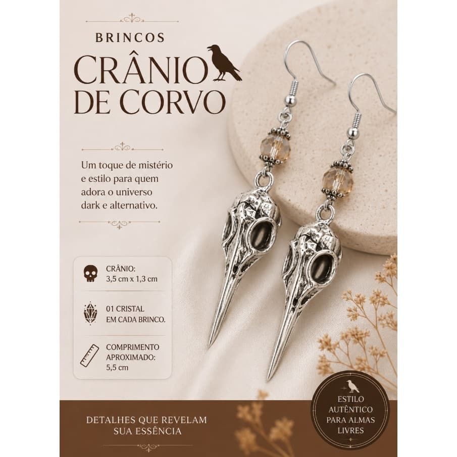 Coleção Crânio de Corvo com Cristal Colar ou Brinco Estilo Gótico / Dark / Alternativo Wicca Pentagrama Bruxa Punk ~