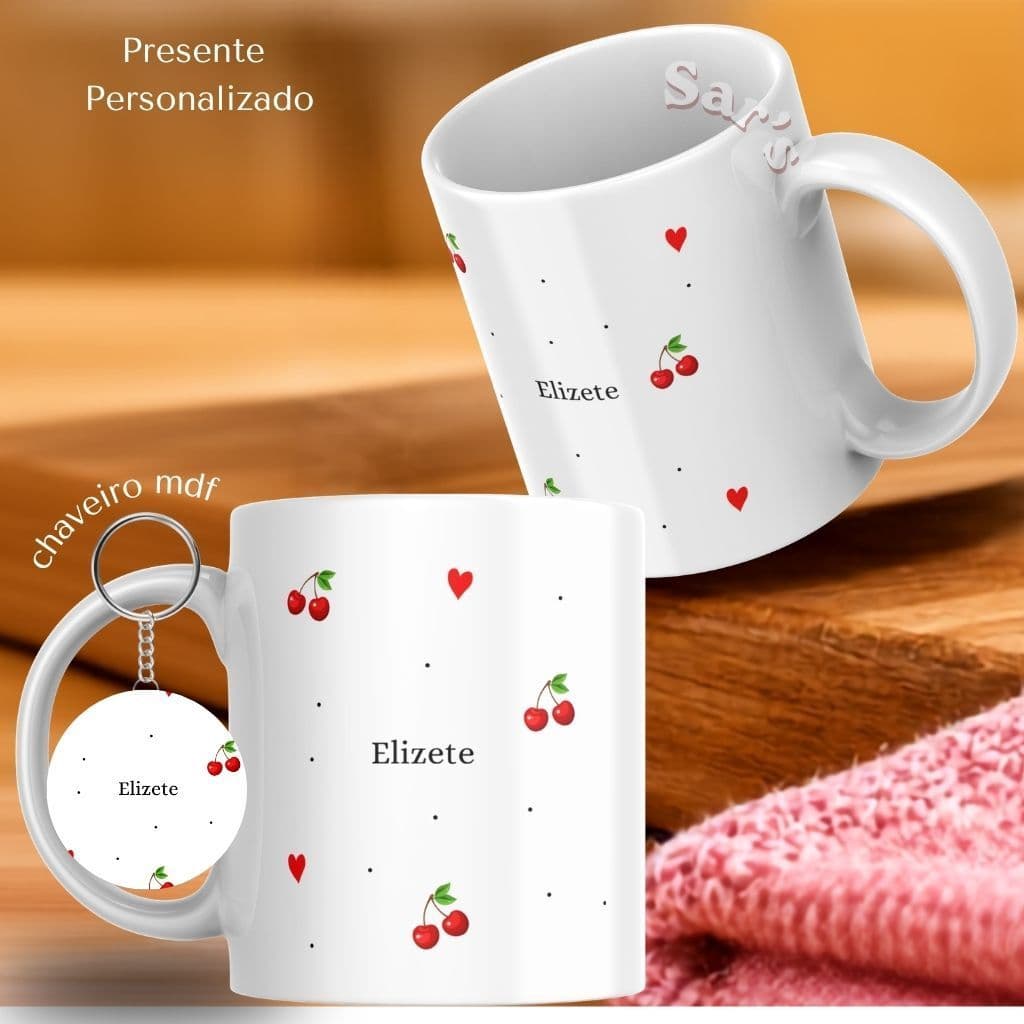 Caneca Personalizada com Nome + chaveiro mdf + caixa visor coração- Xícara Porcelana 325ml