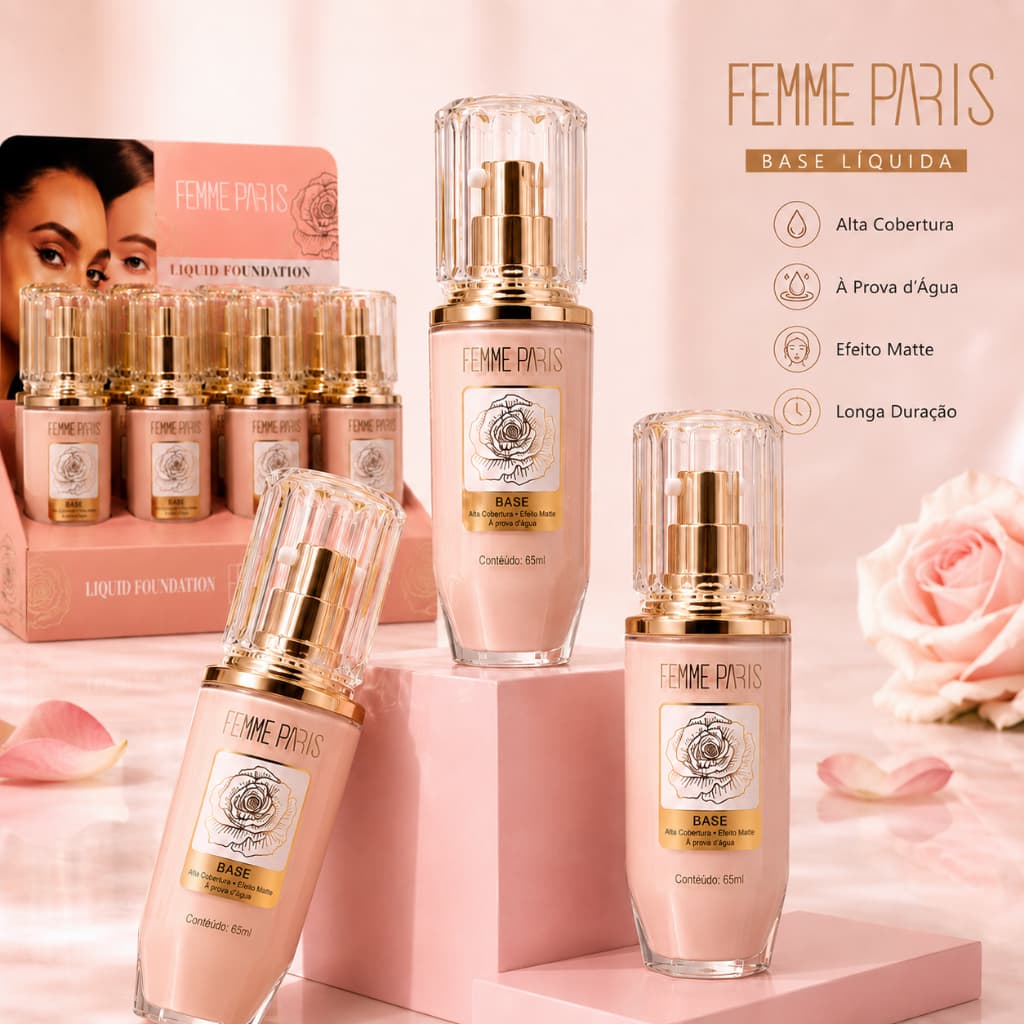 Base Líquida Matte Femme Paris Resistência à Água e Cobertura Impecável Alta Performance e Conforto na Pele FR168