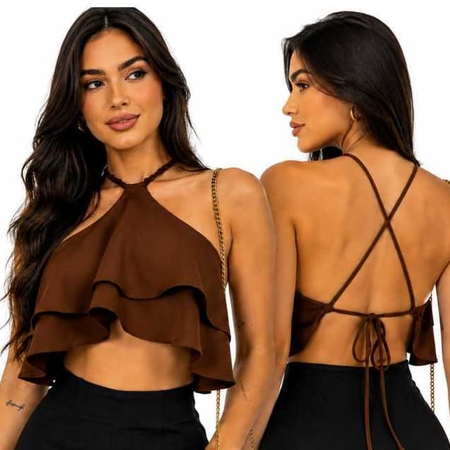 Cropped Blusa Feminino Dois Babados Amarração no PESCOÇO