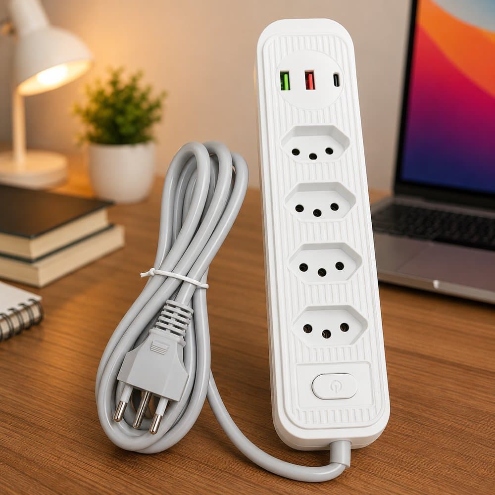 Extensão Elétrica com 4 Tomadas e 2 Entradas USB 2 Metros - Branco