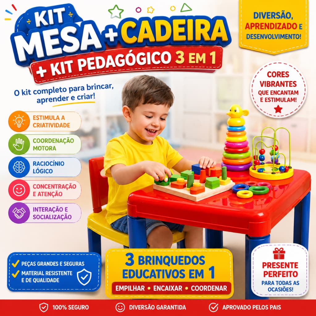 Kit Mesa Infantil + Cadeira+Kit Pedagógico 3 em 1 Brinquedo Educativo Coordenação Motora Espaço KIDS