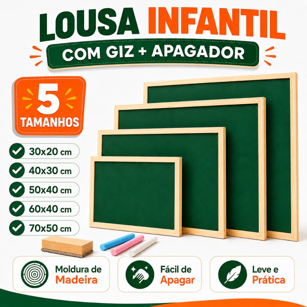 Lousa Quadro Verde Infantil Educativa com Giz e Apagador 30x20 40x30 50x40 60x40cm 70x50cm