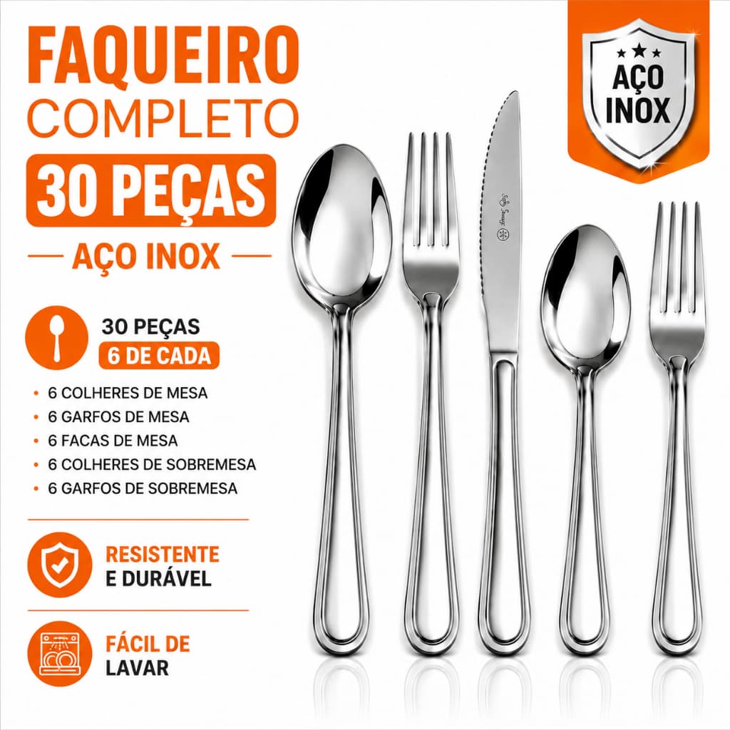 Kit 30 Talheres Aço Inox 6 Colheres 6 Garfos 6 Facas Mesa e Sobremesa Faqueiro Restaurante Buffet Cozinha