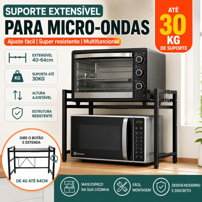 Suporte Extensível para Micro-Ondas Ajustável 40-64cm Organizador de Cozinha Reforçado até 30kg Prateleira Multiuso