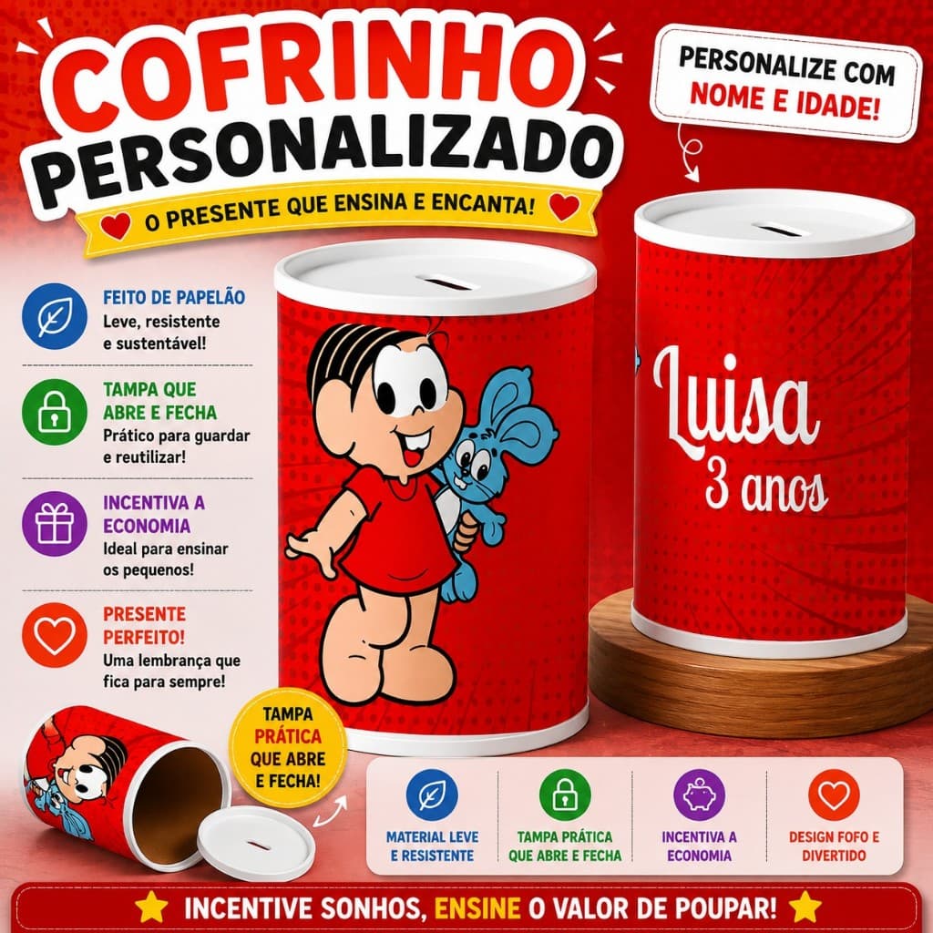 Cofrinho Personalizado Monica | Festa Infantil | Kits 9/12/15/24/30 - Envio Super Rápido
