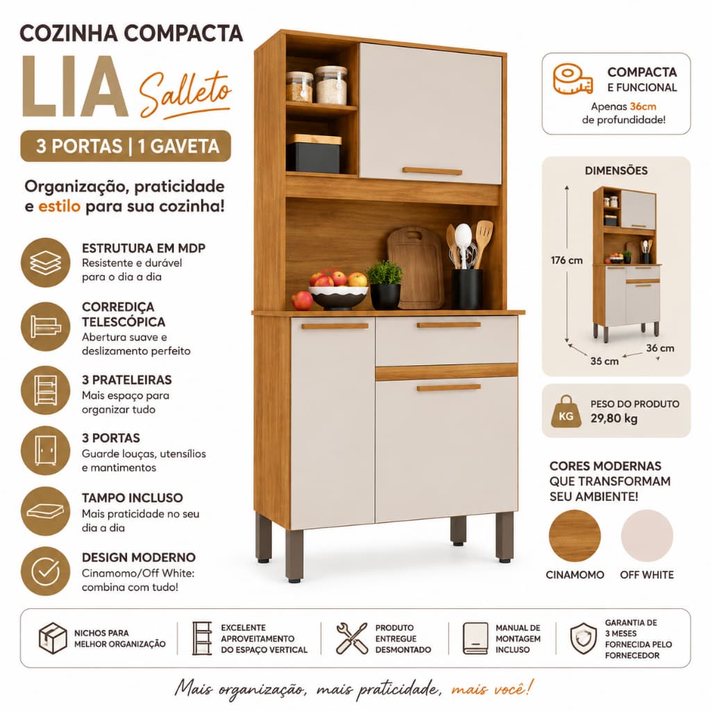 Cozinha Compacta Lia Salleto 3 Portas 1 Gaveta MDP Cinamomo Off White