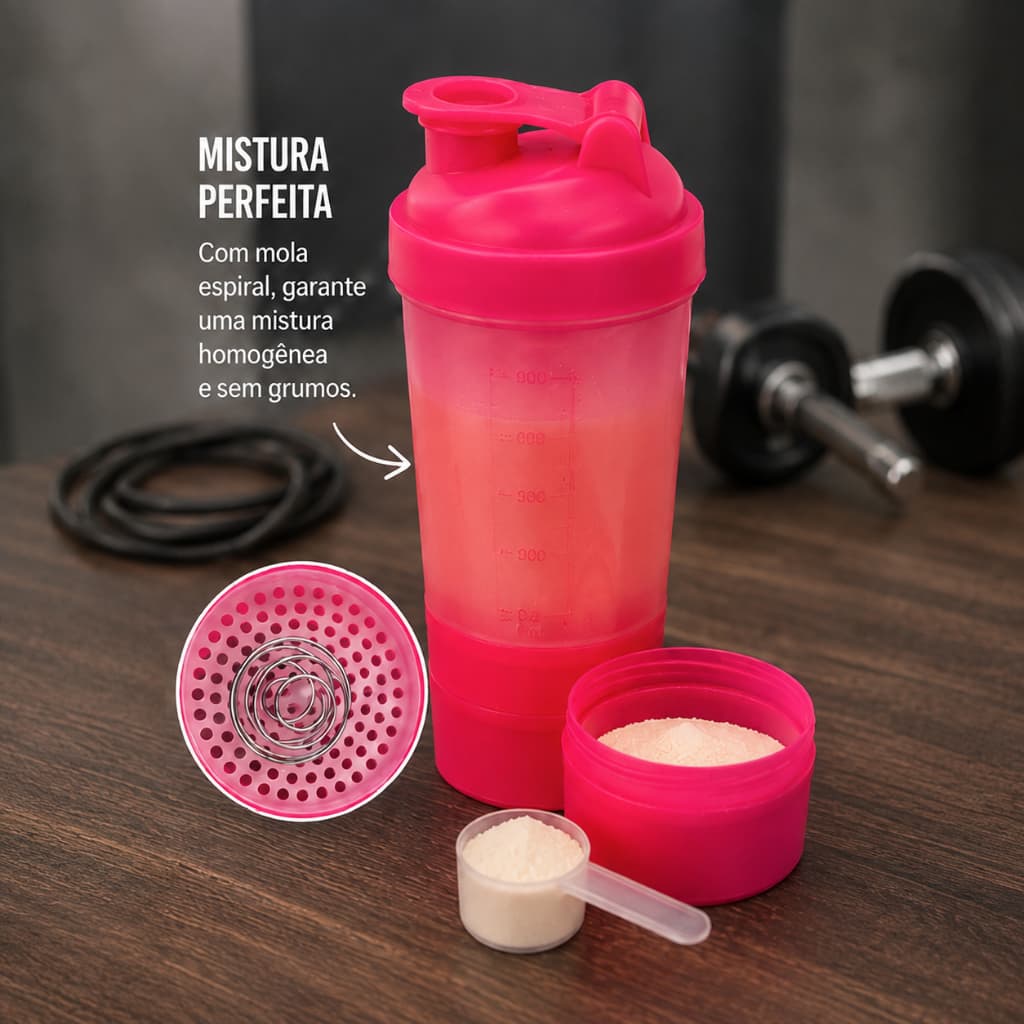 Garrafa Shaker Rosa Academia com Compartimento para Suplementos Whey Creatina 3 em 1