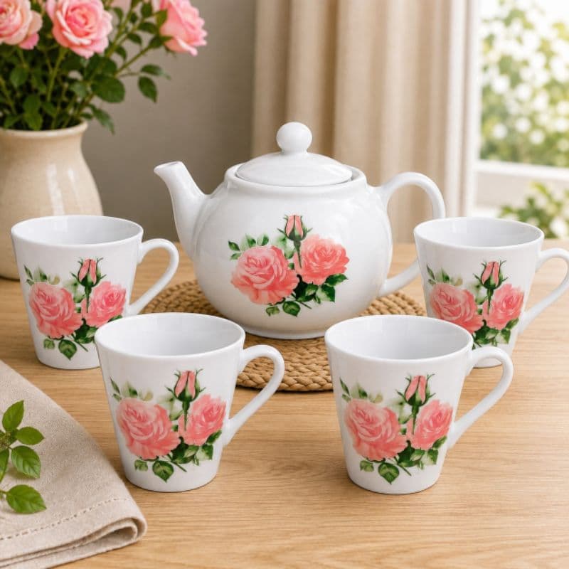 Jogo De Chá Porcelana Decorada Bule 500ml 4 Xícaras 120ml Flor Rosa
