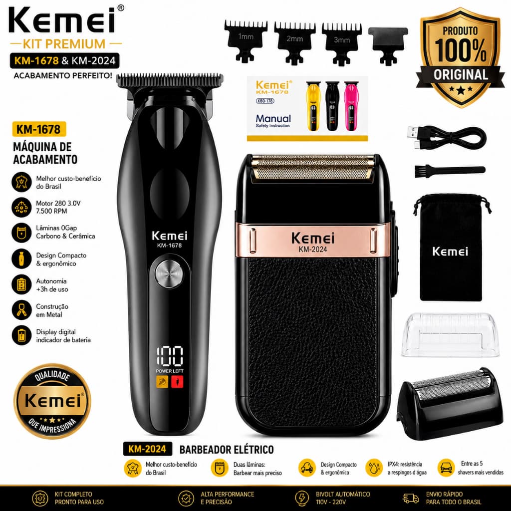 kit 2 máquinas Kemei Máquina de Acabamento km-1678 7500RPM + Barbeador Compacto km-2024 Proteção IPX4 Profissional