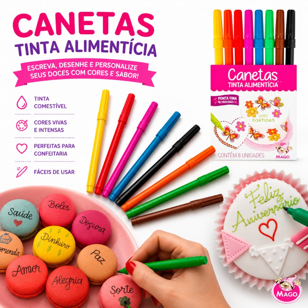 Kit Caneta Comestível para Confeitaria - Tinta Alimentícia Mago Ponta Fina Confeitaria