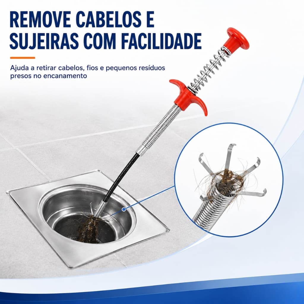 Desentupidor de Pia Flexível 1,6m com Garra 4 Pontas Removedor de Cabelos para Ralo Banheiro Cozinha