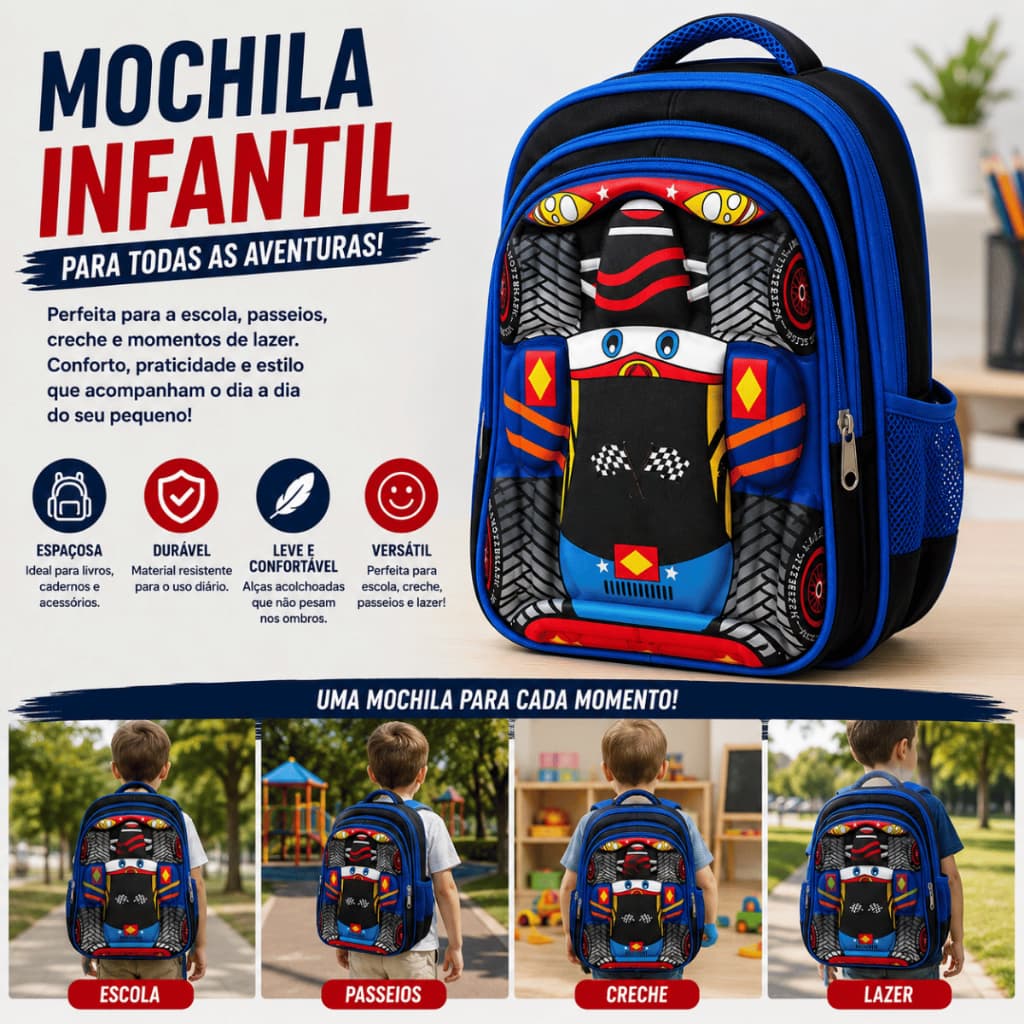 Mochila Escolar Infantil Menino de Carro Alto Relevo Reforçada Costas
