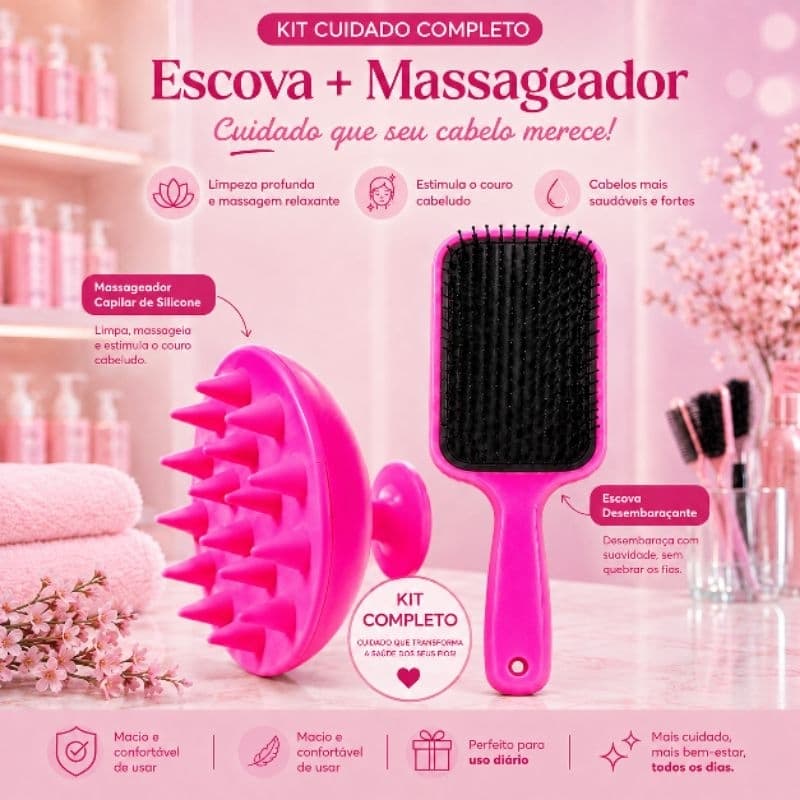 kit escova desembaraçante+massageador capilar de silicone-cuidados completo para os cabelos