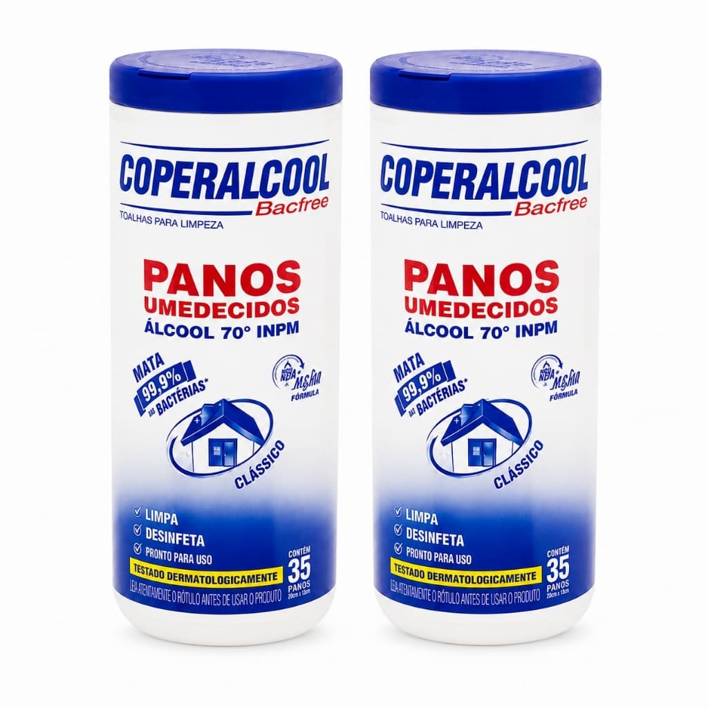 Kit 2 Panos Umedecidos Coperalcool Bacfree Álcool 70° INPM 35 Un Cada Limpa e Desinfeta