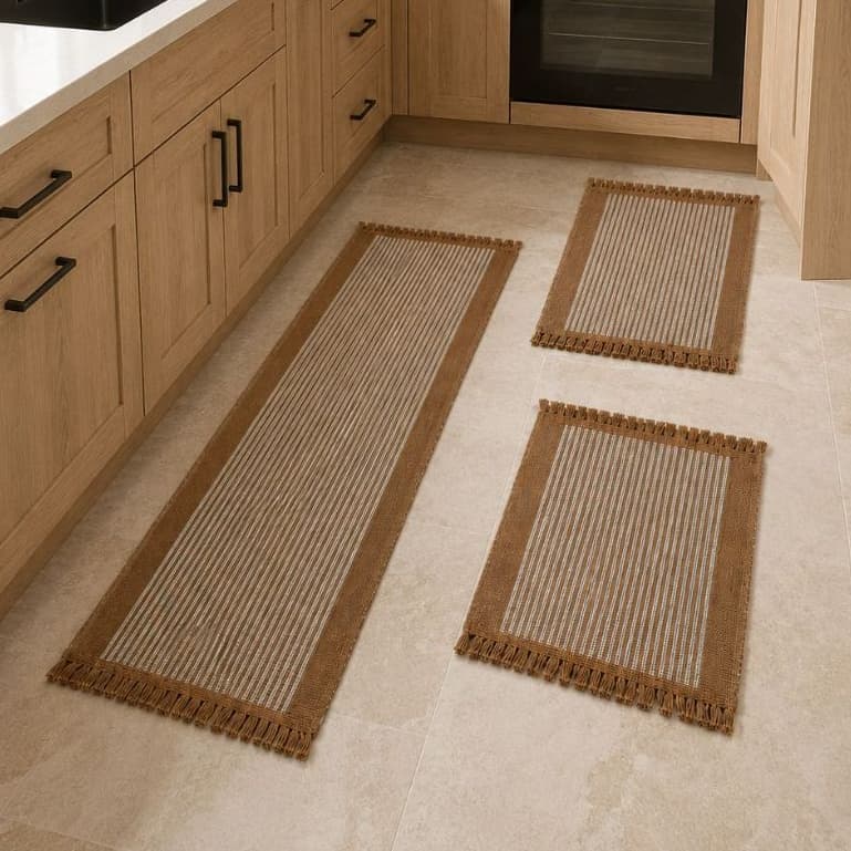 Jogo De Tapete 3 Peças Passadeira Para Cozinha de Crochê Luxo Antiderrapante Decorativo Liso Listrad