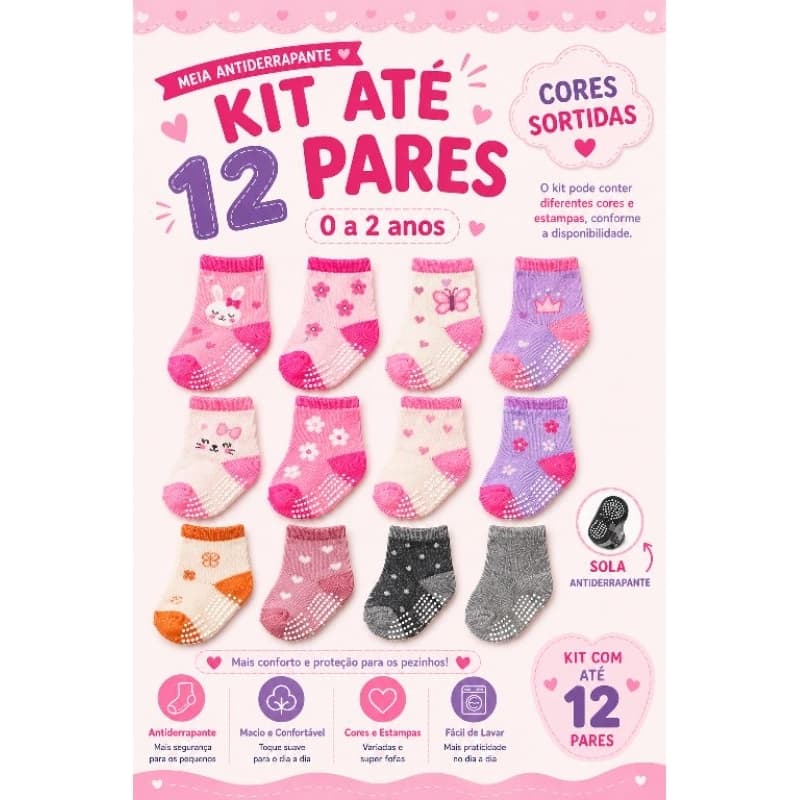 Kit com até 12 Pares Meia Antiderrapante Bebê Menina 0 a 2 Anos Infantil