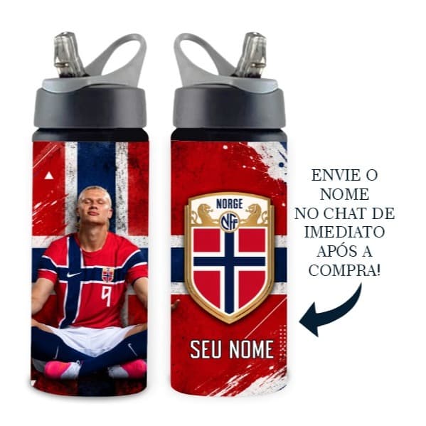Garrafa Infantil Haaland/Noruega Squezee/Alumínio - 600ml - Personalize c/ Nome