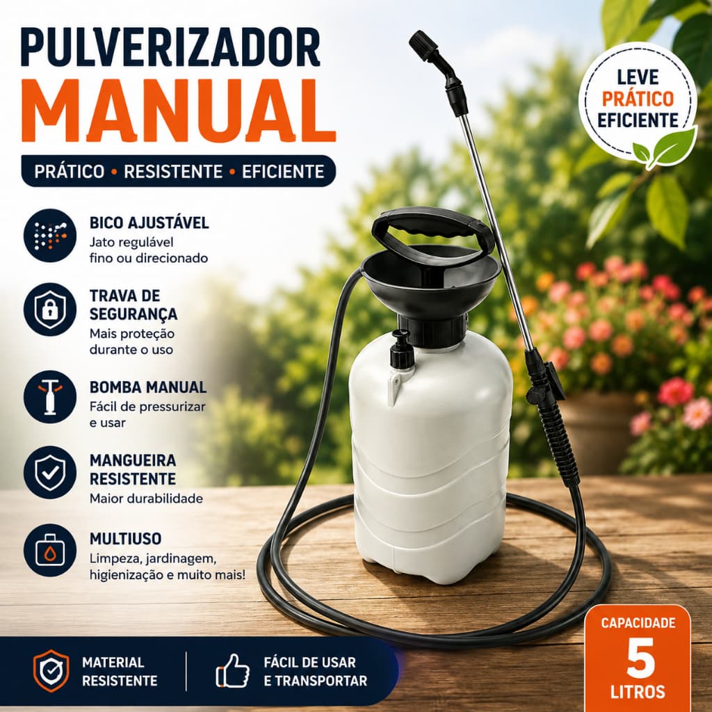 Pulverizador Manual 5 Litros Pressão Prévia Bico Ajustável Jardim Horta Plantas Multiuso