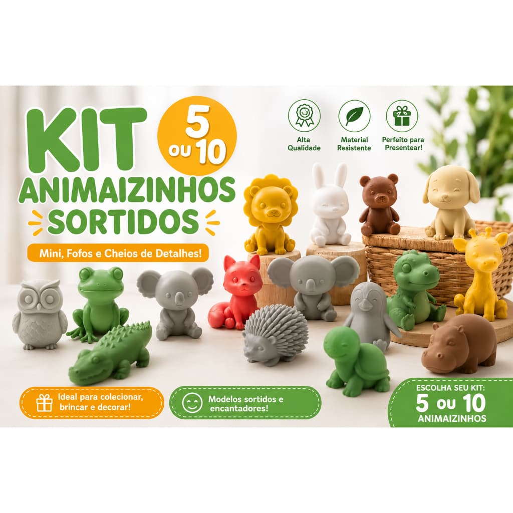 Kit 5 ou 10 Mini Animais Sortidos 3D | Bichinhos Fofos para Brincar Colecionar e Decorar