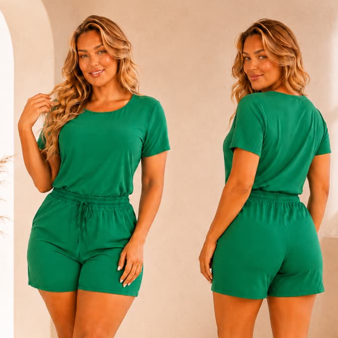 Conjunto Feminino Plus Size Blusa + Short Azul Confortável Cintura Alta Com Bolso Moda Casual Elegante