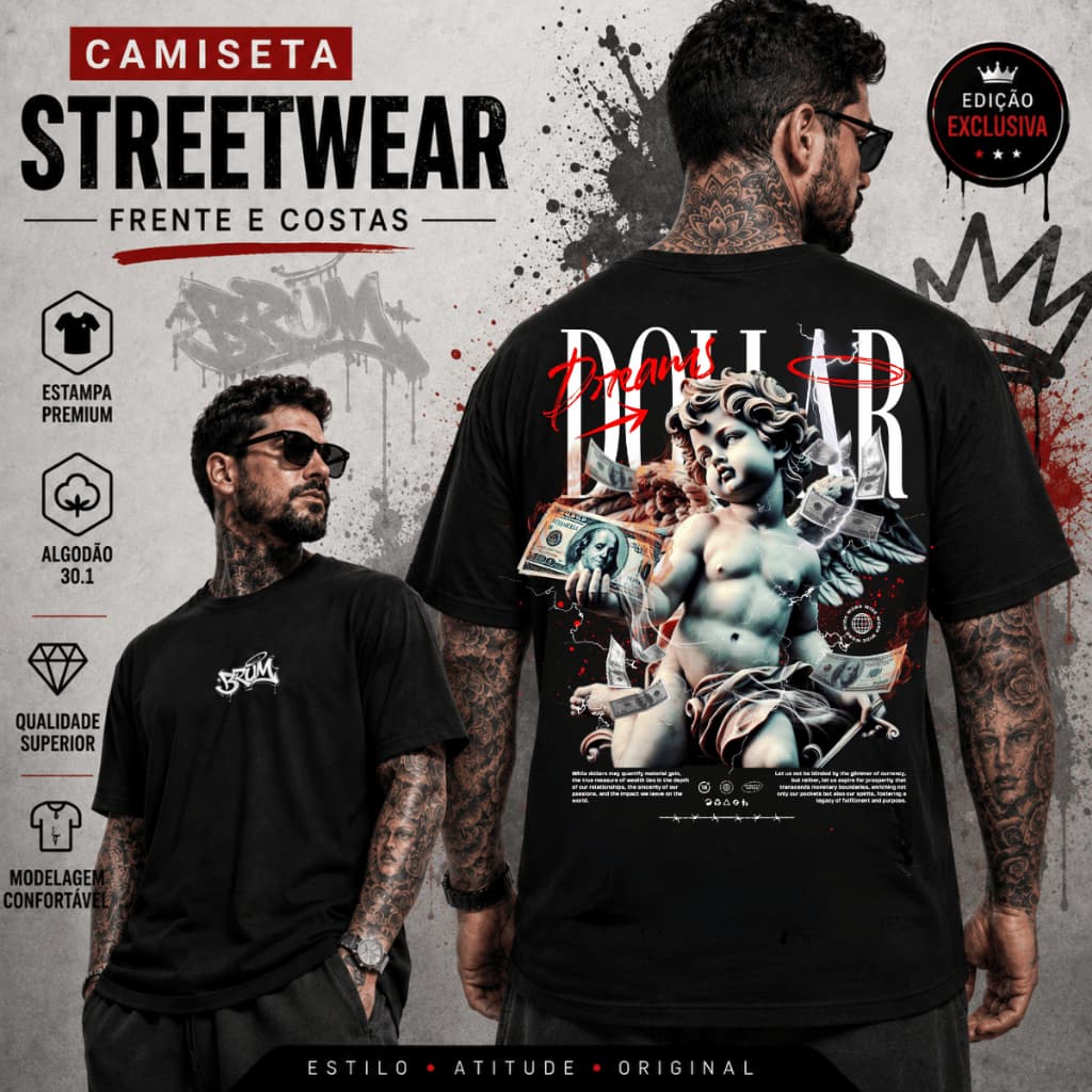 Camiseta Masculina Casual Camisa Estampa Anjo Money Streetwear 100% Algodão Premium Envio Imediato