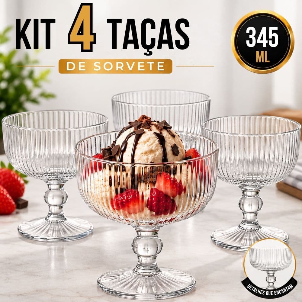Kit 4/8 Taças de Sorvete 345ml em Vidro Transparente Taça para Sobremesa Mousse Frutas Pavê