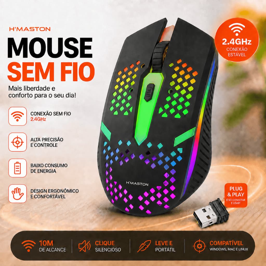 Mouse Sem fio Wireless Gamer 2.4G/BT Recarregável Tipo-C RGB Bluetooth Alta Precisão 1600 DPI