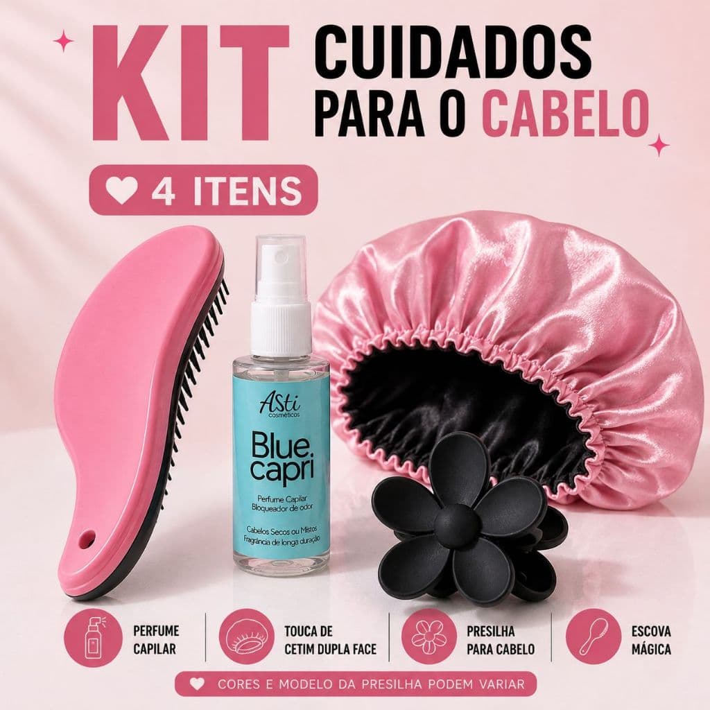 Kit Capilar 4 Itens Touca de Cetim Dupla Face + Escova Mágica + Perfume Capilar + Presilha de Cabelo