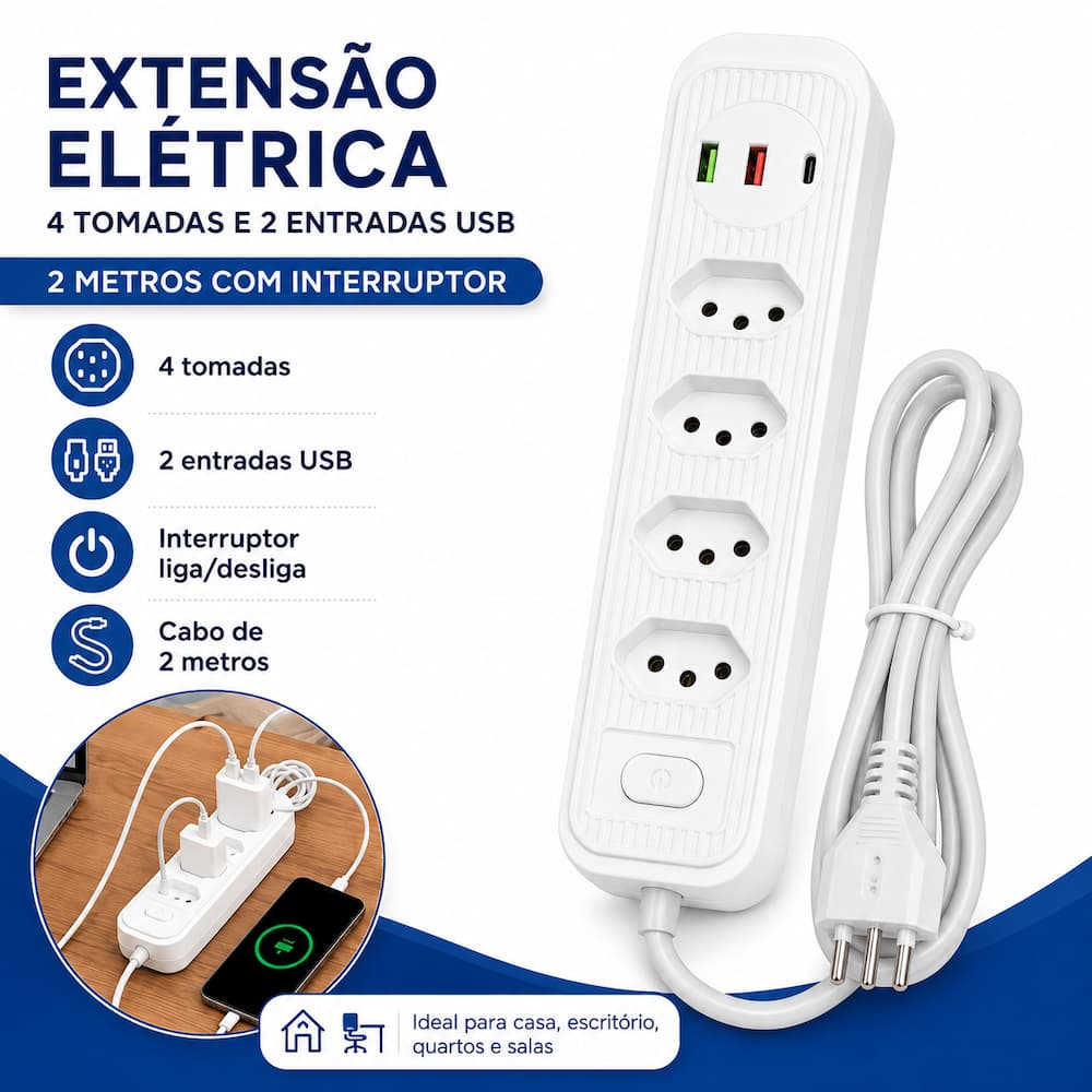 Extensão Elétrica 4 Tomadas 2 USB 2 Metros com Interruptor Branco Prático Funcional