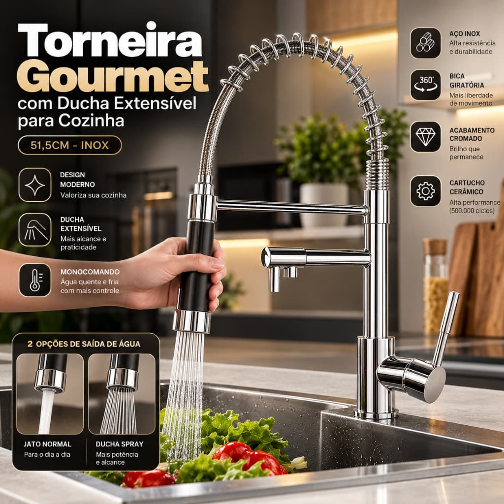 Torneira Gourmet Cozinha Inox Bica Alta Ducha Extensível Monocomando 51cm para Pia